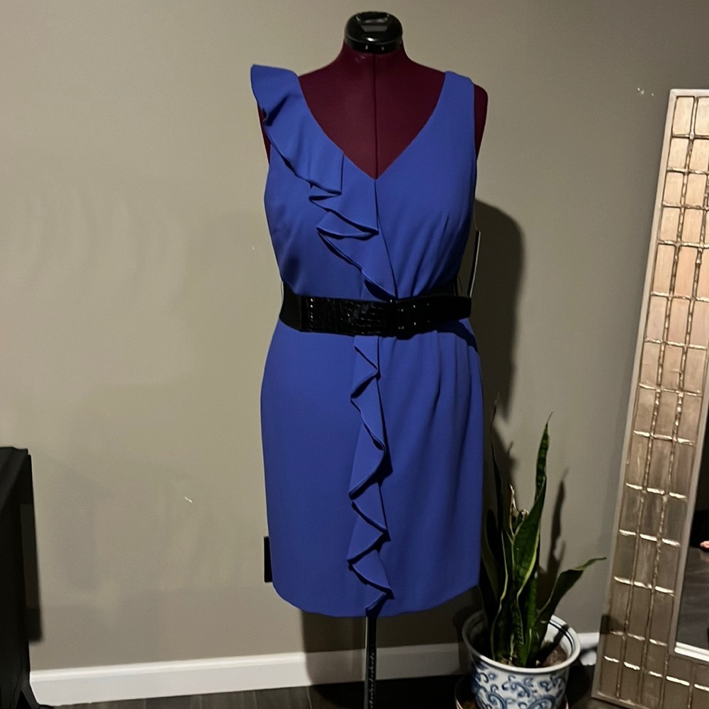NWT TAHARI Royal Blue Sleeveless Dress With Ruffle down Front and Belt …